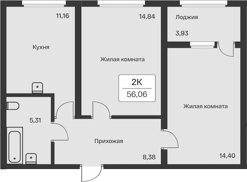 2-комнатная квартира 56.06 м², 1/11 эт., ЖК «Расцветай в Янино»